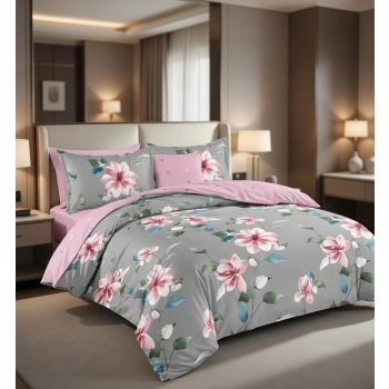 Pościel 160x200 bawełna szara w  różowe kwiaty- elegancka pościel PK809